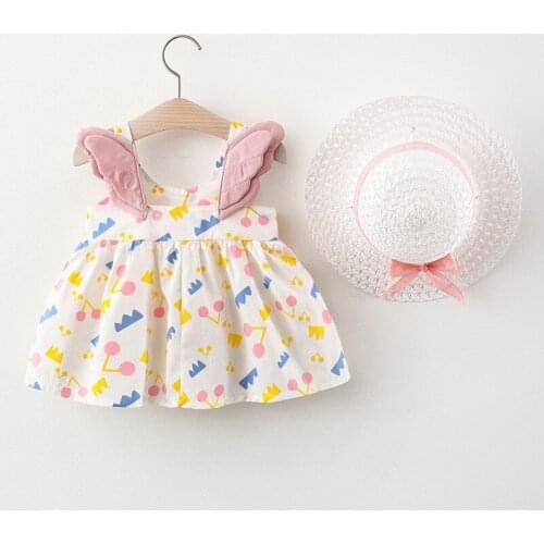 2Piece Summer Baby Girl Clothes Set Toddler Kids Beach Dress Cute Wing Print Cotton Newborn Princess Dress+Sunhat Infant Outfits