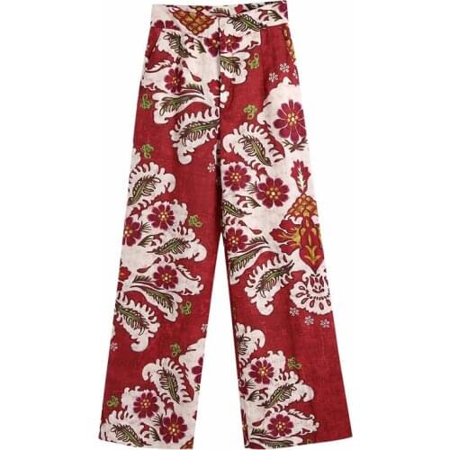 DOUJILI Fashion Women Long Pants Hot Sale High Waist Flower Printing Red Loose Trousers For Ladies