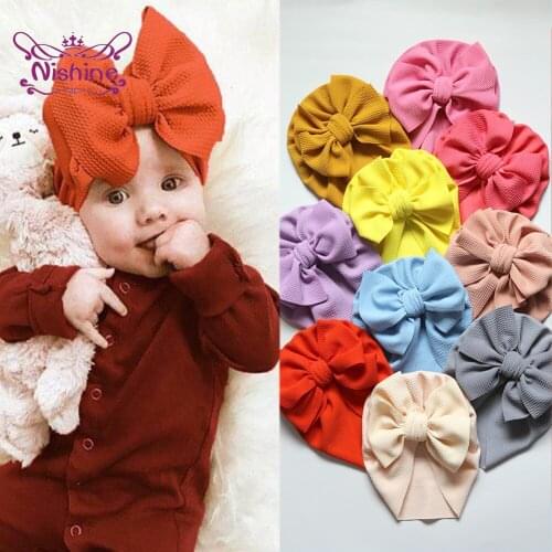 Nishine Newborn Infant Big Bowknot Caps Newborn Turban Hats Chiffon Solid Color Baby Girl Hair Accessorise Gift Photo Props