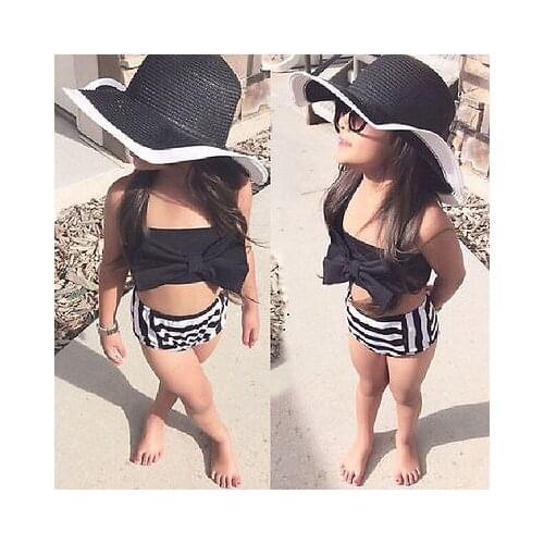 2-7Y Toddler Baby Girls Bikini Set Striped Halter Swimwear High Waist Bowknot Swimsuit Summer Bathing Suit Baby Girl Beachwear