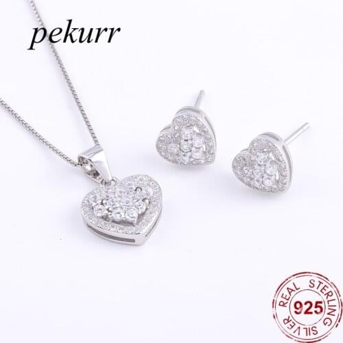 Pekurr 925 Sterling Silver Paved Zircon Bead Heart Earrings Necklace Sets For Women Love Heart Luxurious Pendants Jewelry