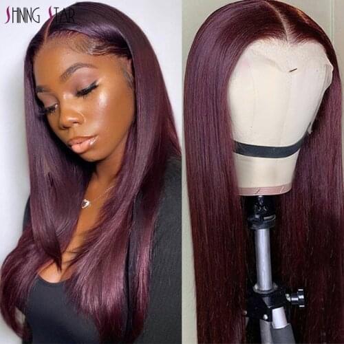Peruvian Straight Transparent Lace Front Wigs For Women Pre-Plucked Remy Burgundy 99J Red Colored Lace Frontal Human Hair Wigs