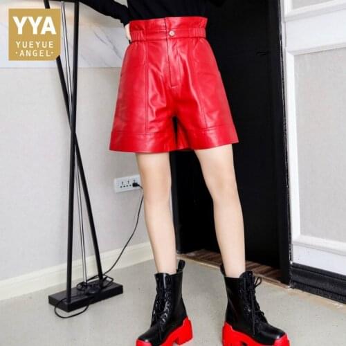 Women High Waist Casual Wide Leg Shorts Autumn Winter Red Genuine Leather Sheepskin Shorts Street Elegant Loose Straight Short
