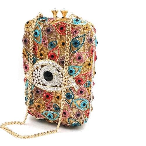 New women evening party big evil eye diamonds luxury clutches vintage pattern crystal phone bag Bridal wedding party purses