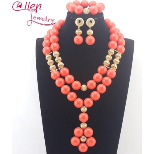 Fashion African Orange Coral Beads Jewelry Sets Nigerian Women Wedding Pendant Party Costume Jewellery Set Free Shipping N0103