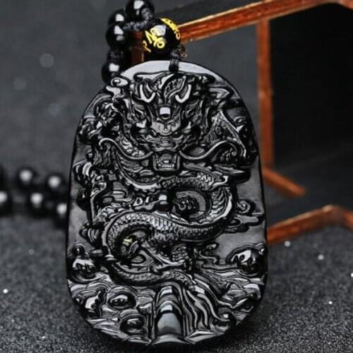 High Quality Unique Natural Black Obsidian hand Carved dragon Lucky Amulet Pendant Necklace For Women Men pendants jewelry
