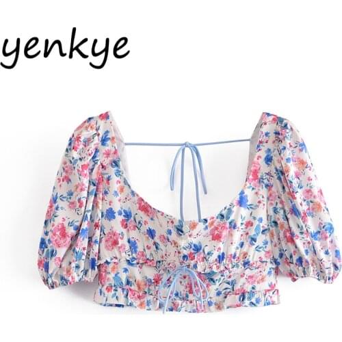 YENKYE Multicolor Floral Crop Top Women Sexy Square Neck Puff Sleeve Holiday Summer Boho Top Short Blouse Chic Blusas