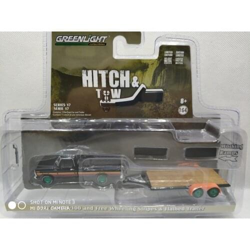 GreenLight 1:64 1977 FORD F-100&STRIPES ADN TRAILER Green version Metal Diecast Alloy toy cars Model Vehicles For Child Boy gift