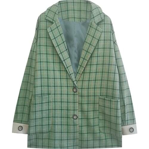 Green Plaid Blazers Jackets for Women Fashion Korean Style Loose Single Breasted Long Sleeve Casual Suit Coat Spring Fall 8808