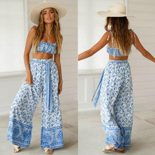 Bohemian Women Summer Two Piece Crop Top Trousers Set Sleeveless Tops Wide Leg Long Trousers Outfits 2Pcs Summer Clothes