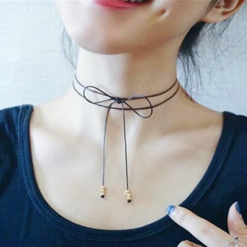 Fashion Elegant Women Black Leather Rope Double Layer Bowknot Choker Collar Necklace Rope Chain Bijoux For Women Gifts Wholesale