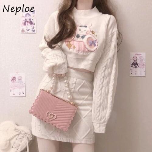 Sweet Two-piece Suit Female Knitted Skirt Sets Cute Age-reducing Crop Tops + A-line Sim Twist Mini Skirts Women 2021 New