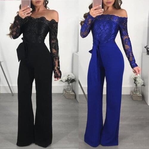 Sexy Lace Bodysuit Off shoulder Jumpsuit Women Summer Elegant wide leg Jumpsuits Rompers long playsuit overall combinaison femme