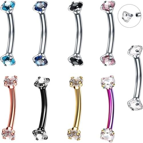 1PC Surgical Steel Curved Barbell Colorful Crystal Zircon Eyebrow Ring Piercing Barbell Lip Ring Snug Daith Helix Rook Earring