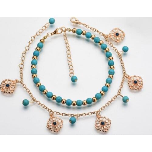 2Pcs/Set Ankle Bracelet Faux Crystal Adjustable Alloy Bohemian Faux Turquoise Bead Beach Anklet for Beach