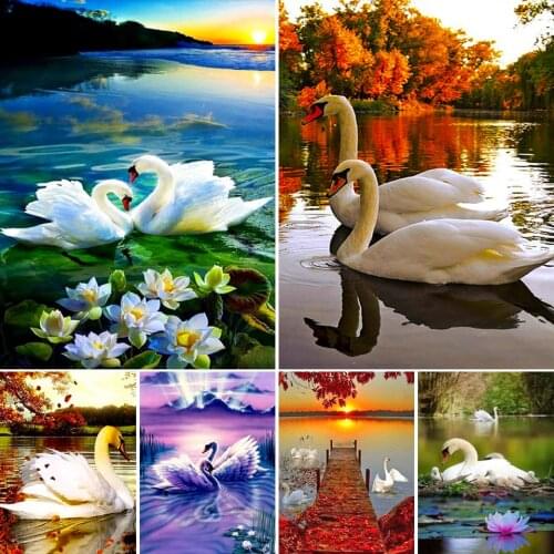 5D DIY Diamond Painting Swans Landscape Corss Stitch Full Drill Square Embroidery Mosaic Art Pictures Of Rhinestones Home Decor