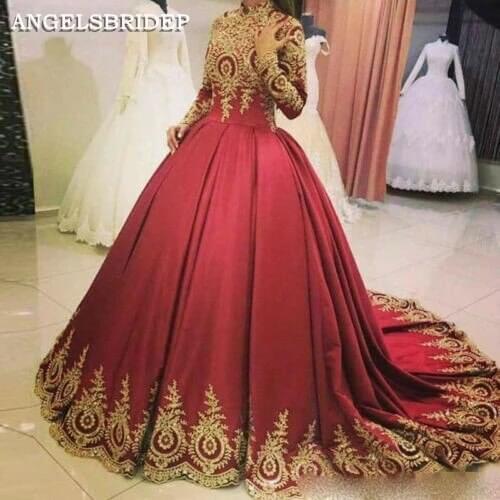 ANGELSBRIDEP Burgundy Long Sleeves Prom Dress Vestidos de festa High-Neck Gold Applique Floor-Length Formal Evening Party Gowns