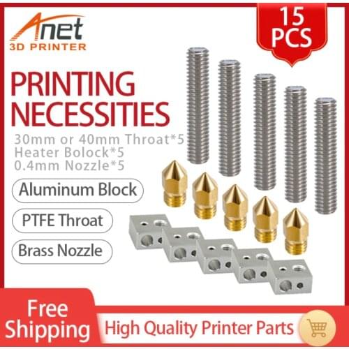 3D Printer Parts 15pcs 1.75mm Throat Tube+0.4mm Extruder Nozzle Print Heads +M6 Heater Block Hotend for Anet A8 A6 3D Printer