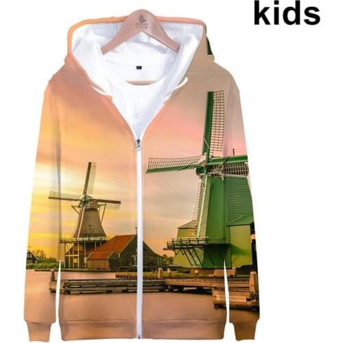 3 To 14 Years Kids Hoodies Beach Windmill Clothing Boys Girls Sweatshirt Ocean Sky Beautiful Seaside View Jacket Teen Clothes