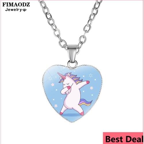FIMAODZ Cute Unicorn Necklace for Children Girls Cartoon Rainbow Horse Glass Picture Silver Color Heart Pendant Animal Jewelry