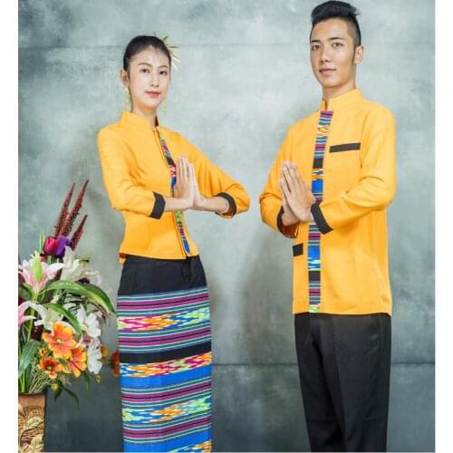 Ethnic Traditional Dai costumes autumn winter long sleeves Southeast Asian restaurant work Uniform clothes + scarves Orange