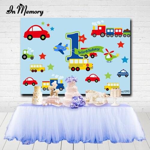 InMemory Cartoon Cars Train Boys 1st Birthday Party Backgrounds For Photo Studio Blue Backdrop Banner Customized Photo Studio