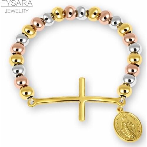 FYSARA Stainless Steel Beaded Bracelets For Women Men Religion Virgin Mary Rosary Cross Stretch Strand Bracelets Couple Jewelry