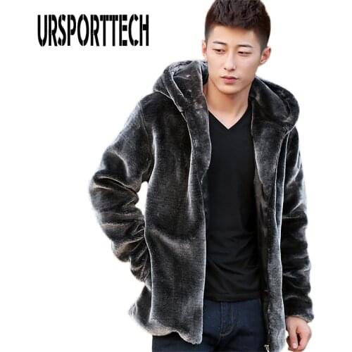 URSPORTTECH Autumn Winter Grey Mens Faux Fur Mink Jacket Short Hooded Plush Fluffy Coat Male Plus Size 4xl 5xl Warm Overcoat