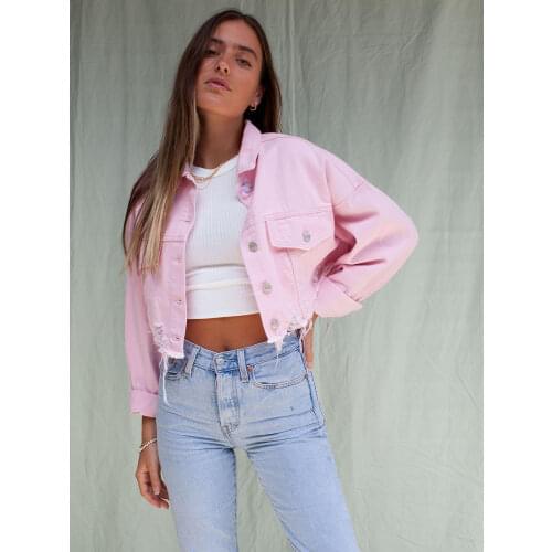 Female Pink Denim Jackets Long Sleeve Turn Down Collar Streetwear Short Length Fall Jeans Jackets Loose Casual Crop Jacket Women