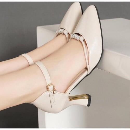Summer Women Pumps High Heels Dress Shoes Beading Ankle Strap Pointed Toe