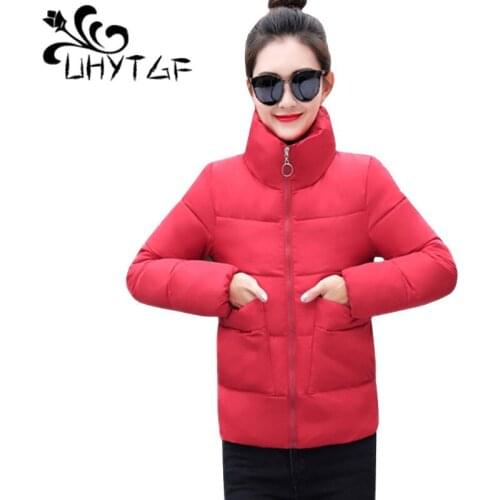 UHYTGF Fashion Winter Jacket Women Warm Thick Solid Short Coat Korean Student Cotton padded Parkas Coat Stand Collar XL XXL 163