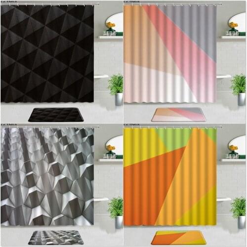 Geometry Black Shower Curtains Set Waterproof Fabric Bathroom Decor Toilet Non-slip Carpet Mat Bath Bathtub Screen With Hooks