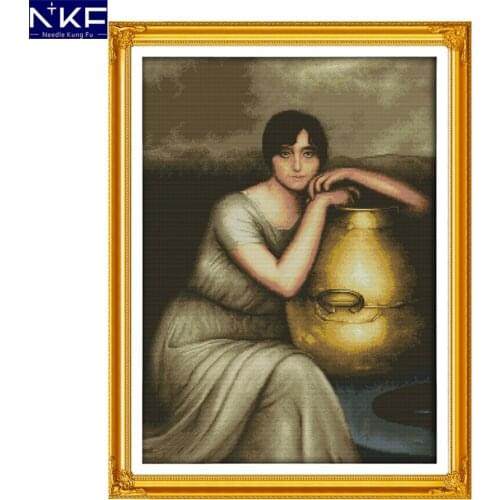 NKF The Pottery Holding Woman Cross Stitch Painting Needlework Sets Embroidery Kits Home Decor Counted Cross Stitch Sets