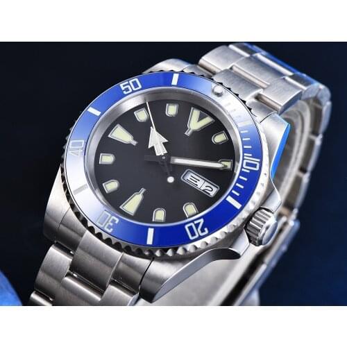 NH36A Movement Aseptic Black Surface Mens Automatic Mechanical Watch Stainless Steel Case Blue Ceramic Ring Flat sapphire mirro