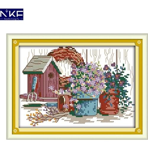 NKF Garden Corner Stamped Cross Stitch Kits 11CT14CT DIY Needlework Embroidery Chinese Cross Stitch Sets for Home Decor