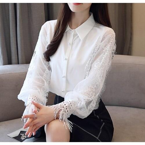 2019 Nova Lanterna manga Patchwork Mulheres blusa Casual Tops DeFrisado camisa Branca