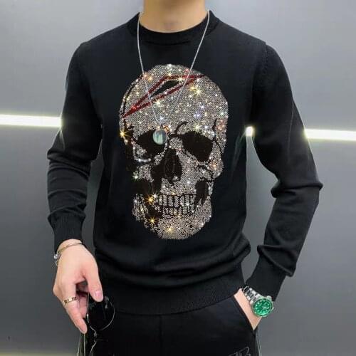 2021 New Design Mens Sweater Hot Diamond Pattern Shiny Skull Sports Fitness Warm Top Plus Size