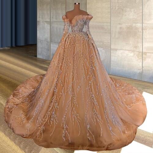 2021 New long train Glitter Full Sleeves Orange Dubai Wedding Dresses Islamic Turkish Off Shoulder Bridal Dress