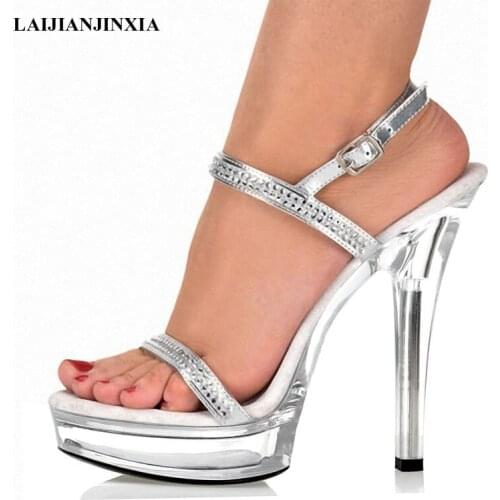 LAIJIANJINXIA New Plus Size Beautiful Dress High Heels 13 Cm Sexy Crystal Platforms Pole Sandals Rhinestone Straps Wedding Shoes
