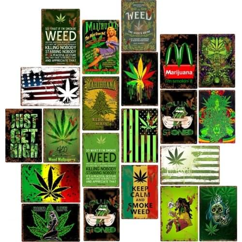 Keep Calm Smoke Weed Warning Signs Green Background Vintage Metal Tin Sign Plate Print Painting Wall Plaque Decor For Bar Garage
