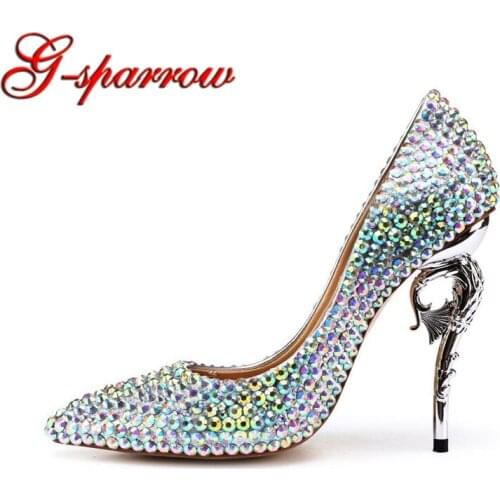 Luxurious AB Crystal Wedding Shoes Strange Style Bridal Party Dress Shoes Pointed Toe Shining Rhinestone Prom Pumps Size 41