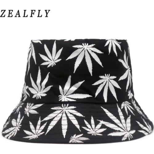 2018 New Fashion Hip Hop Green White Leaf Print Fishing Caps Weed Bucket Hats For Mens