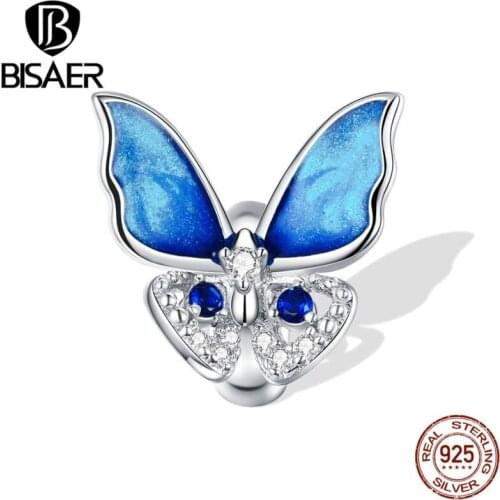 Bisaer 2020 Colorful Butterfly Charms 925 Sterling Silver Blue Zircon Bead Charm Fit Original 925 Silver Bracelet Jewelry EFC405