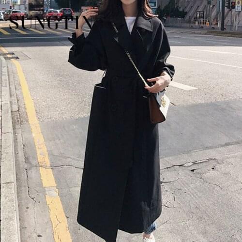Sungtin Korean Style Loose Trench Coat for Women Plus Size with Belt Double Breasted Solid Windbreaker Fashion Causal Coats 2021