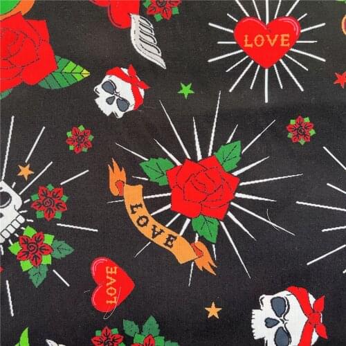 Bird love Skull Handmade DIY Garment Dress Cloth Red Plain Bottom with Skull 100% Cotton Brocade Fabric Other Fabric Woven