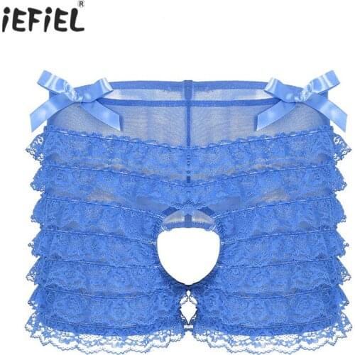 Sexy Mens Open Crotch Sissy Panties Lingerie Boxer Shorts Mid Rise Ruffled Lace Briefs Gay Underwear Bowknots Crotchless Panties