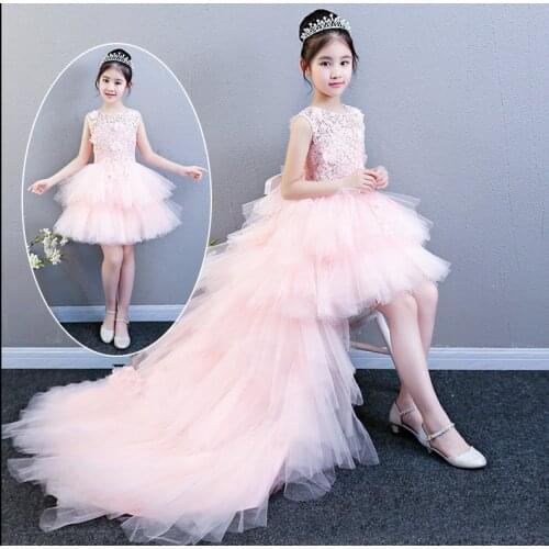 Flower Formal Dress Girls Clothing Flower Girls Wedding Clothes Pink Tulle Kids Dresses Princess Long Trailing Party Gown
