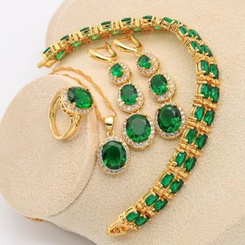 Green Topaz Gold Color Jewelry Sets For Women Bridal Necklace Earrings Open Ring Pendant Bracelets Wedding Jewelry Gift 4PCS