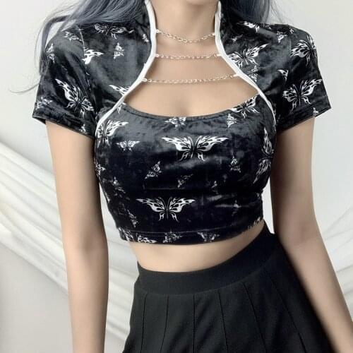 2021 Chinese Style Butterfly Tops Shirts For Girls Women Fashion Sexy Streetwear Expose Navel Short Sleeve Blouse Cheongsam Tops
