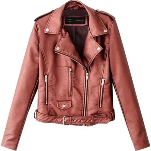 Womens Pu Leather long sleeve belt jacket Ladies Sashes Button Solid Zippers Jacket Coat Winter Outwear Fashion long sleeve belt